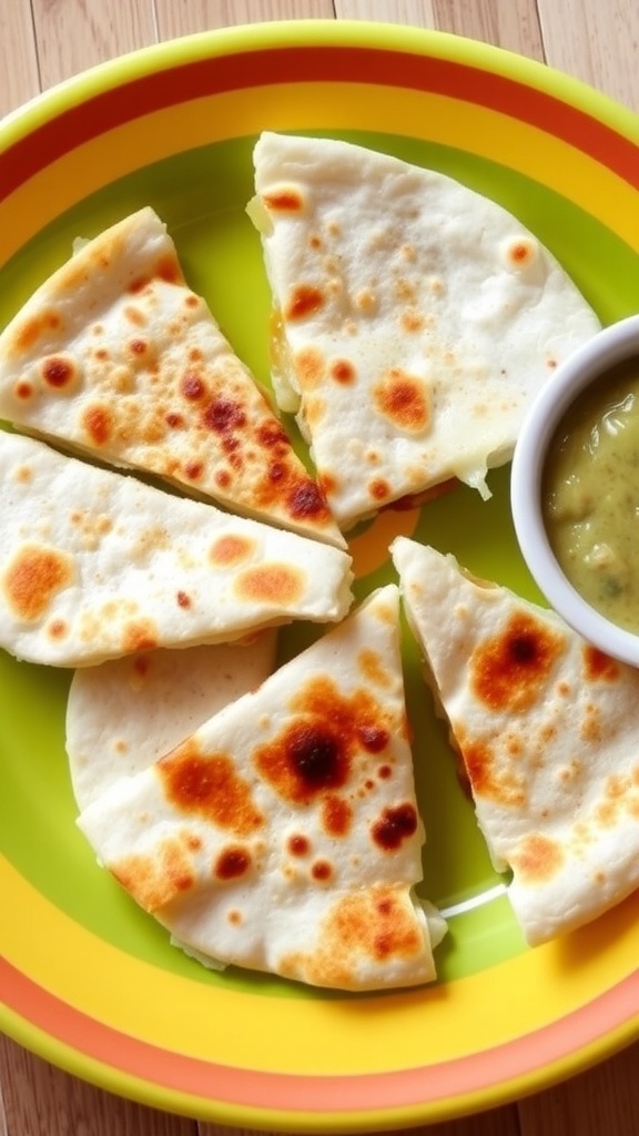 Cheesy Quesadilla for 7-Month-Old Cheesy quesadilla cut into triangles on a colorful plate, with a bowl of salsa.